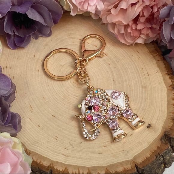 Gorgeous Ornate Pink Crystal Elephant Keychain Charm - Picture 8 of 15